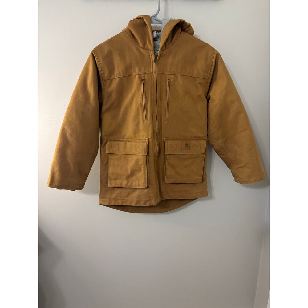 Carhartt youth size medium (10/12) polyester sherpa lined heavy coat, brown